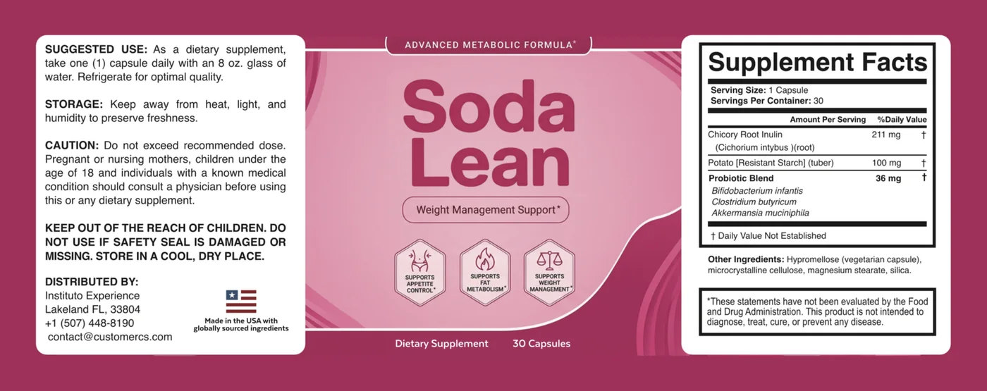 SodaLean Supplement Facts label and directions for use