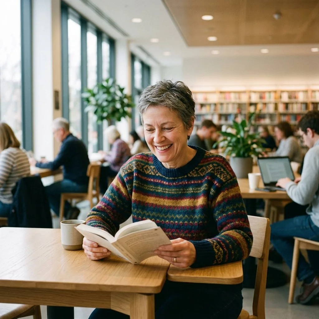 Woman relaxing with a book and coffee as part of her daily routine