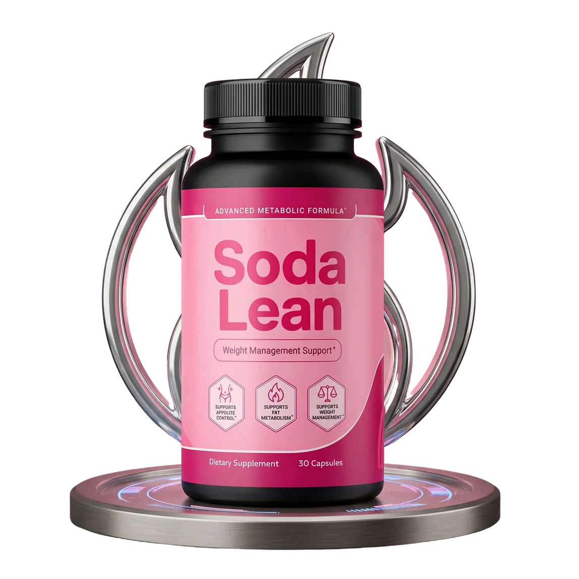 Bottle of SodaLean weight-management capsules on a display pedestal