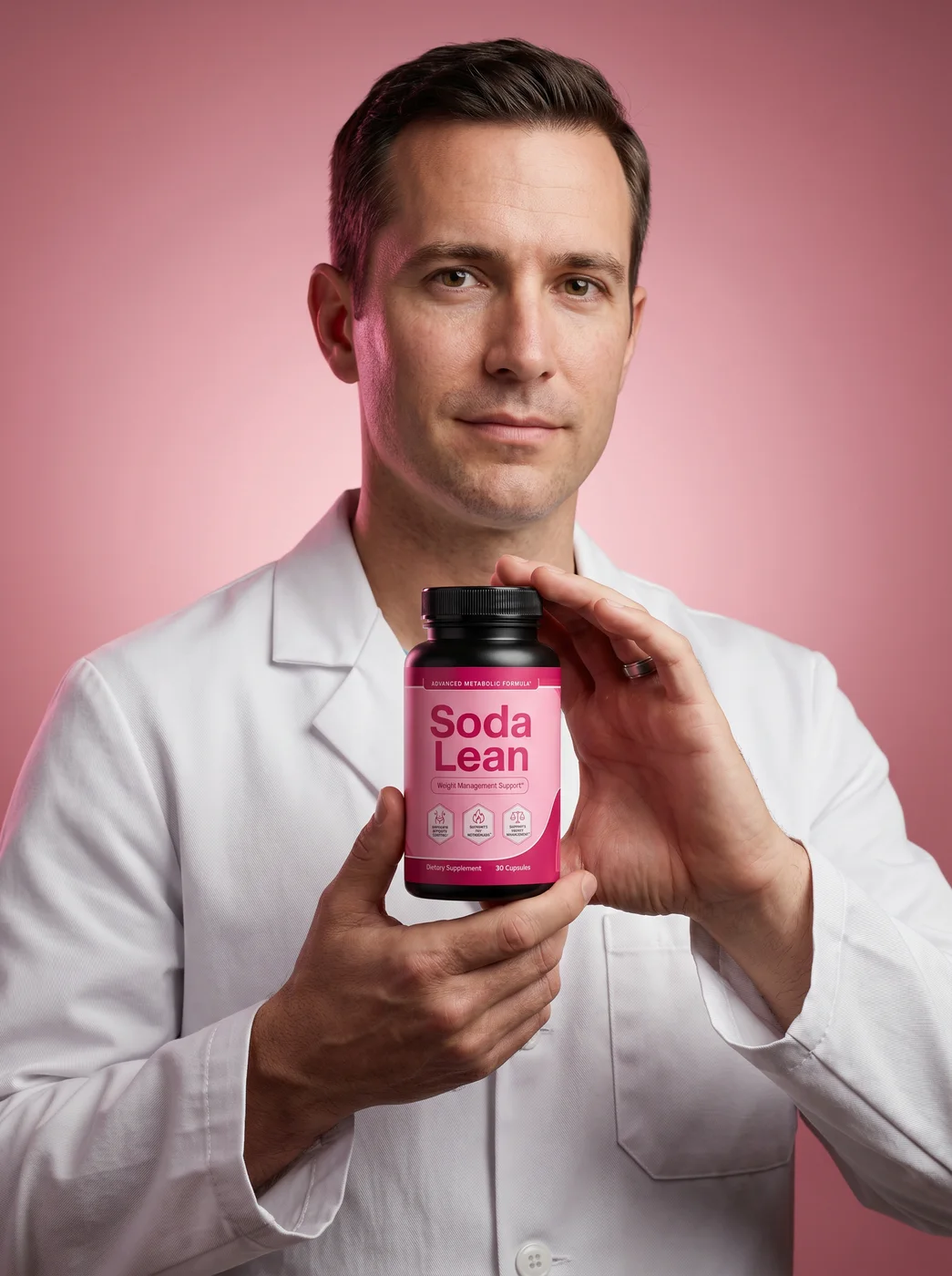 Doctor holding a bottle of SodaLean weight-management capsules